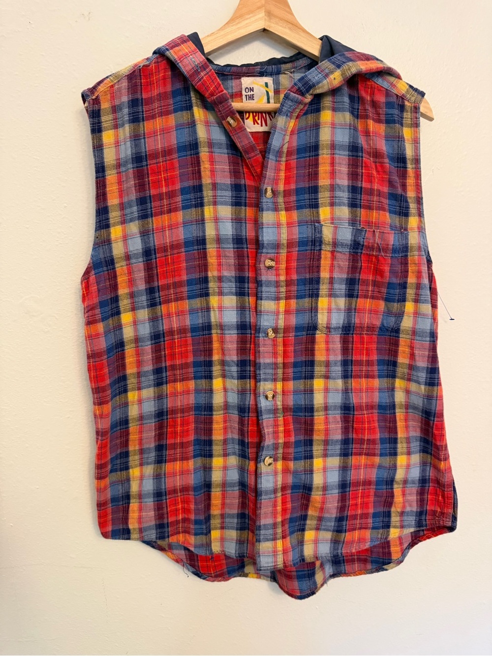 Sleeveless Plaid Button-Down Shirt with Hood - 1990’s grunge vintage